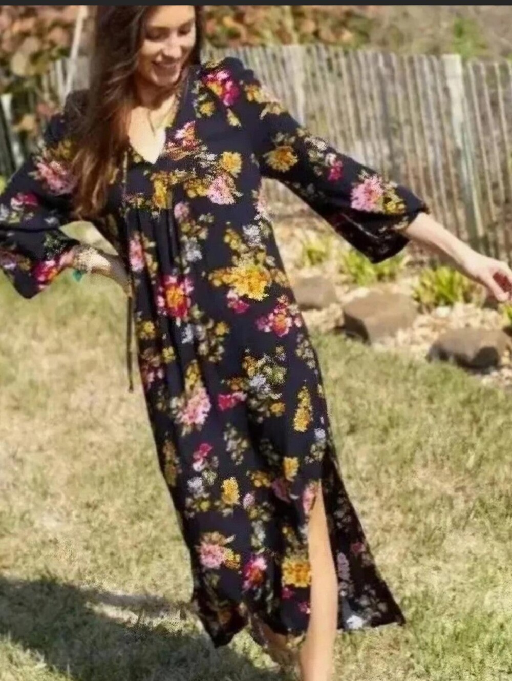 NATURAL LIFE Black Floral Maxi Dress V-Neck Long Sleeve Side Slit Size M
